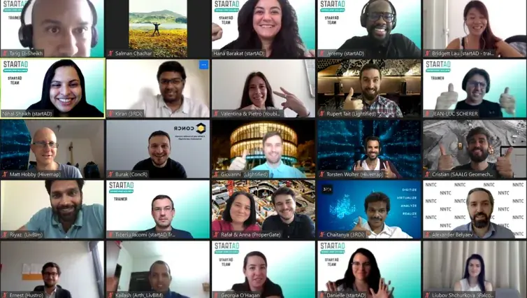 Participants at the startAD Corporate Sprint Accelerator virtual Showcase Day, shown as a video-call grid.