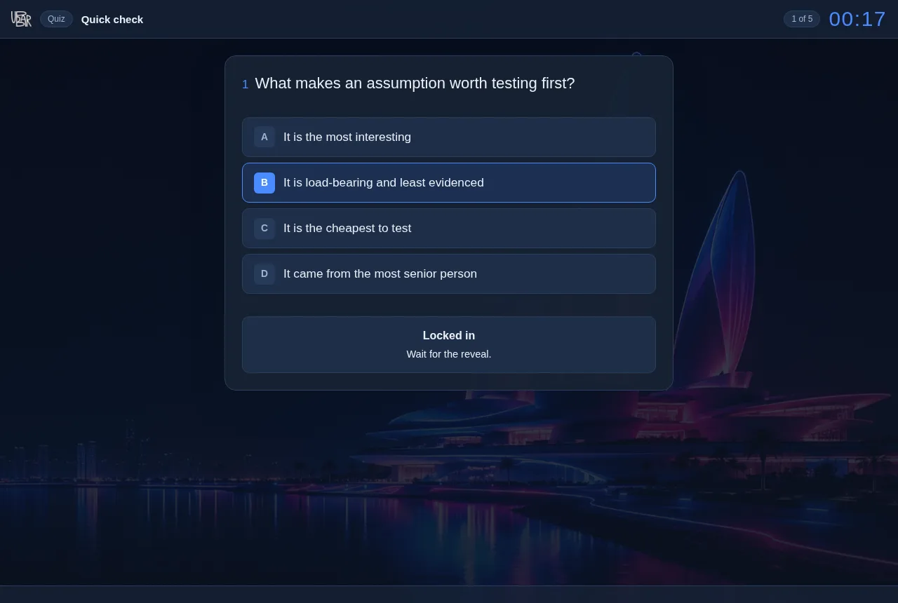 Participant quiz view showing an answer selected and locked in.